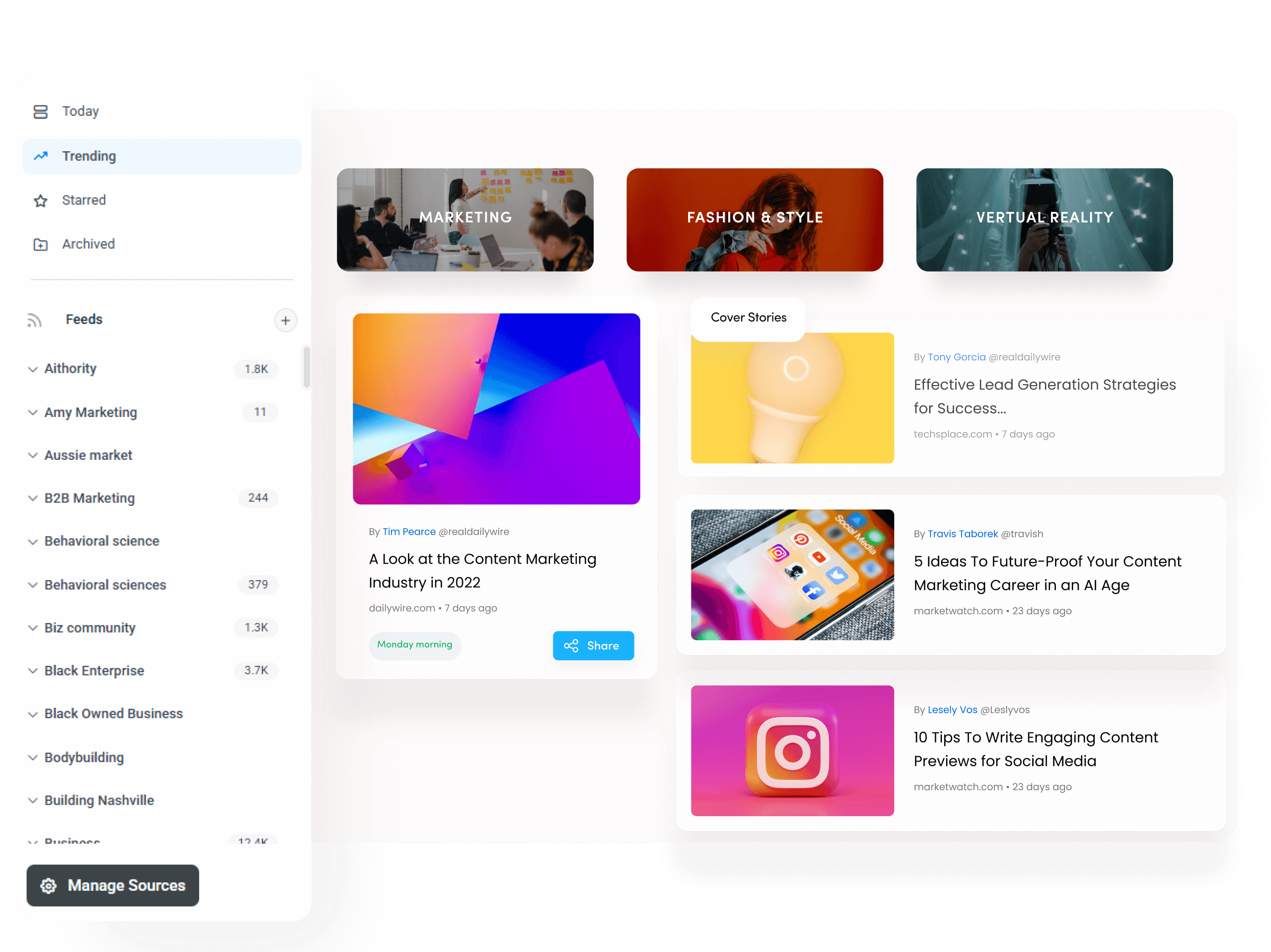 Never miss top content with auto-feeds and easy sharing. feature